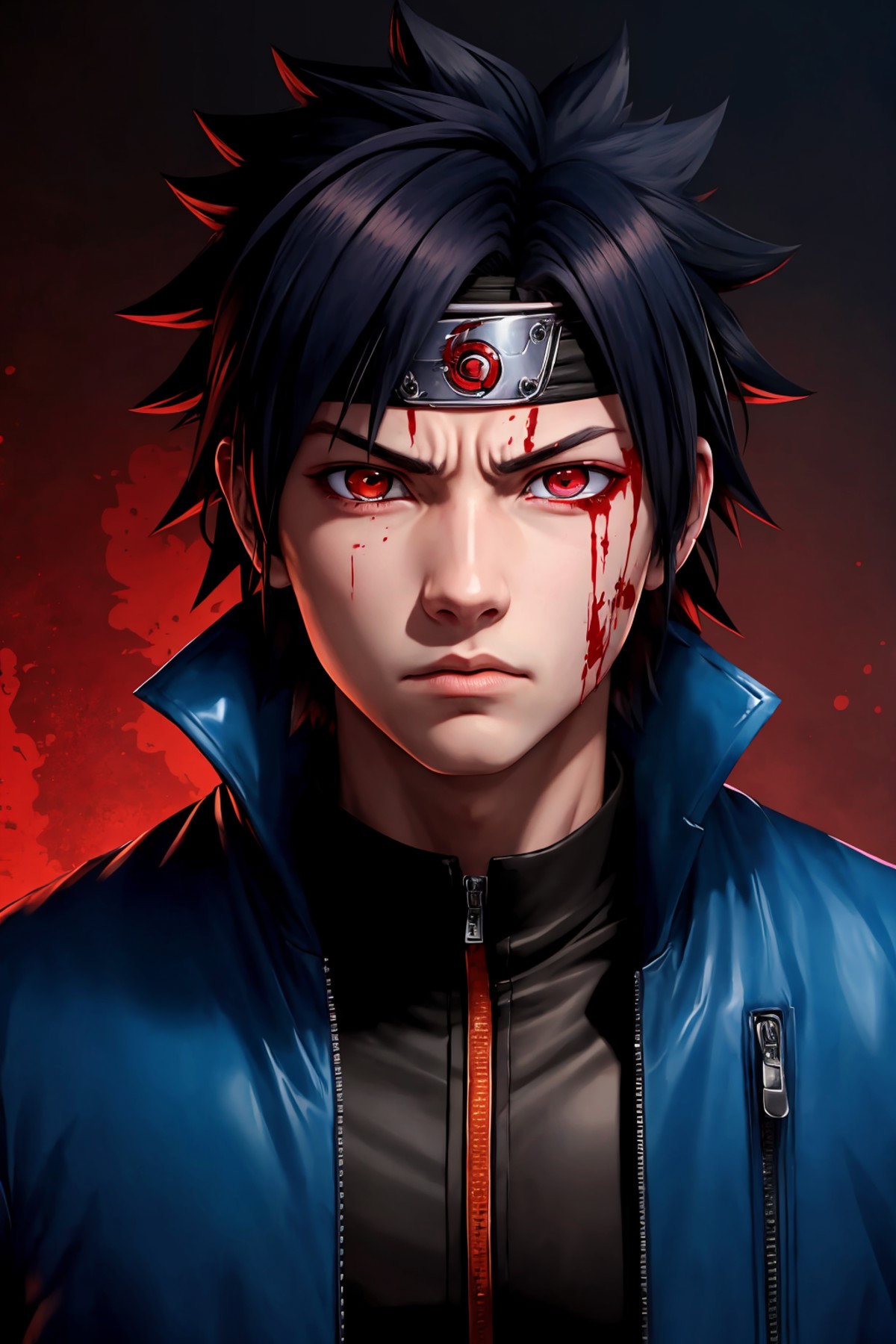 uchiha sasuke, 1boy, solo, male focus, heterochromia, black hair, blue eyes, spiked hair, looking at viewer, red eyes, clo...